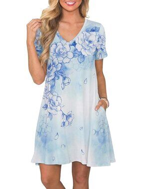 Women's Blue White Floral Casual V Neck Short Sleeve Pull On Pockets T Shirts